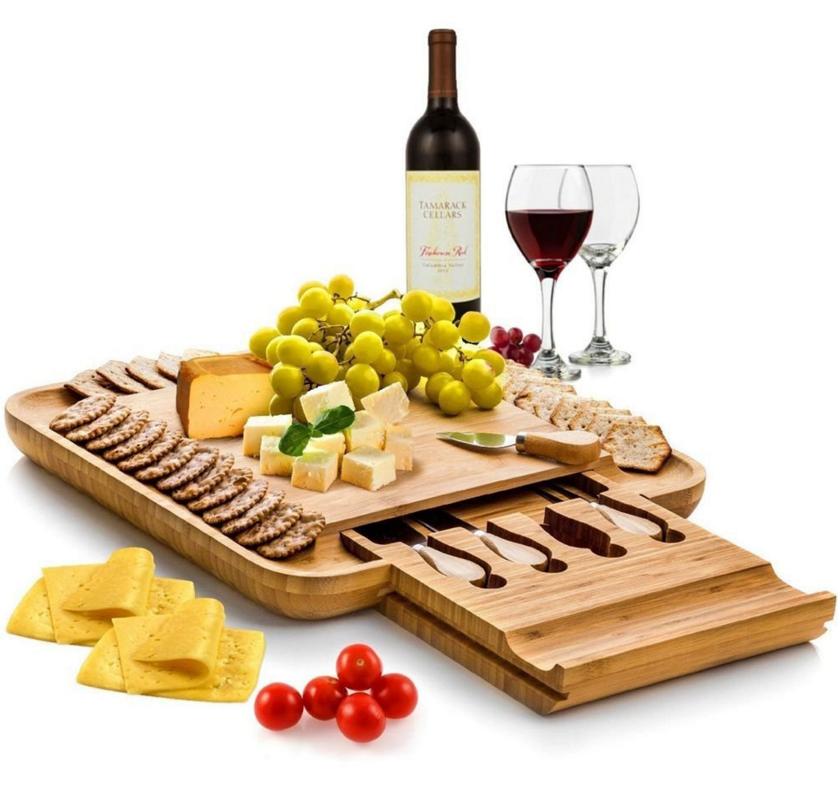 Bamboo Cheese Board Set with Hidden Slide Out Drawer - Cutlery Set Included (Drawer does not interrupt the use of the Cheese Board)